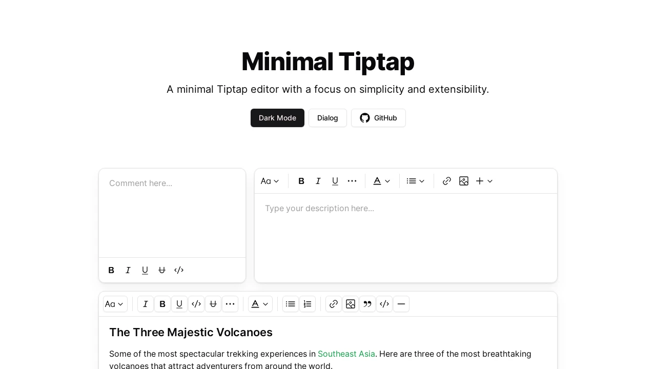 A screenshot of Shadcn Minimal Tiptap