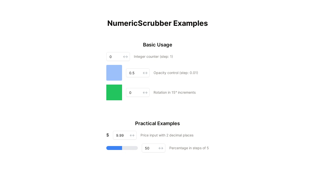 A screenshot of Shadcn React Number Scrubber