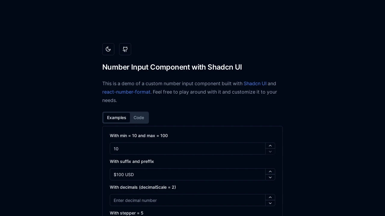 A screenshot of Shadcn Number Input