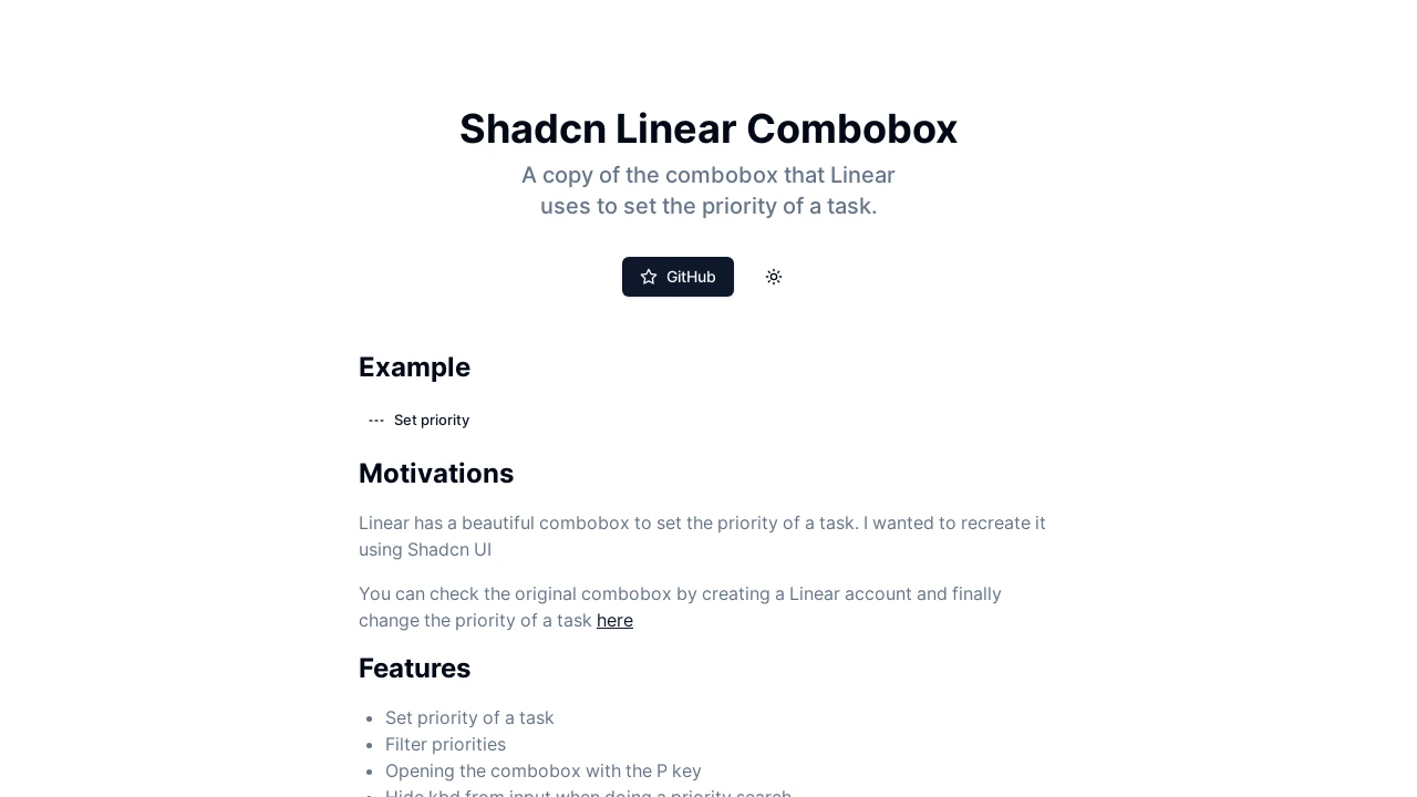 A screenshot of Shadcn Linear Combobox