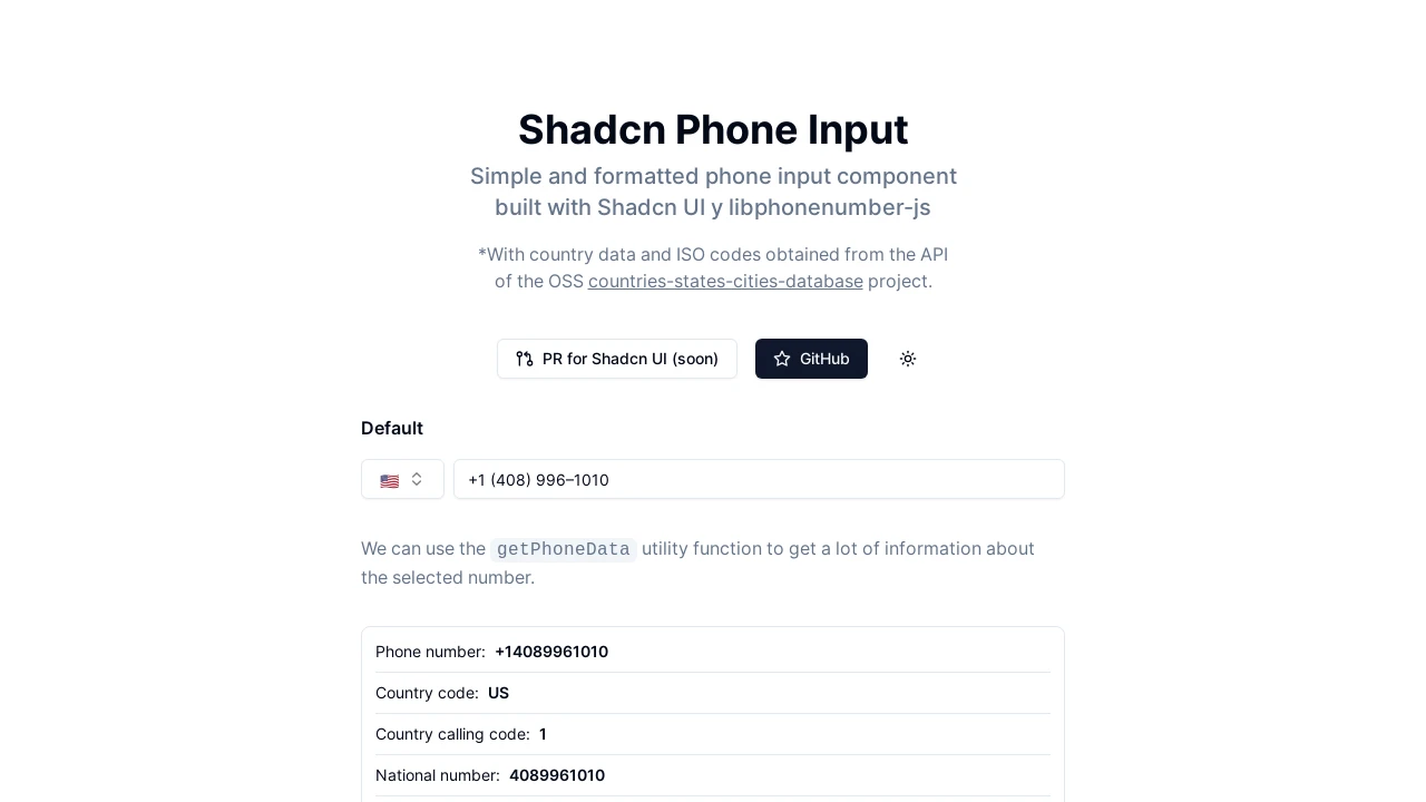 A screenshot of Shadcn Phone Input