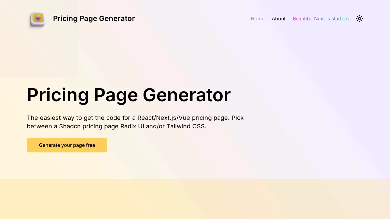A screenshot of Shadcn Pricing Page Generator