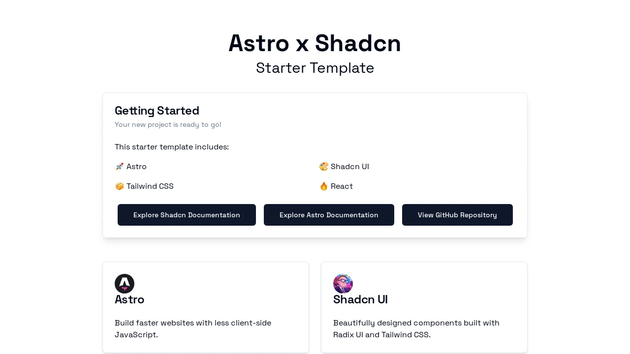 A screenshot of Astro Shadcn Starter