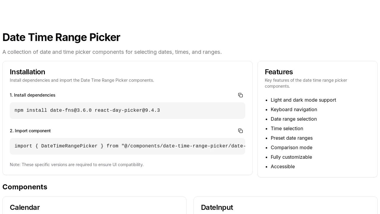 A screenshot of date-time-range-picker-shadcn
