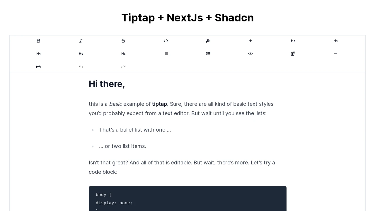 A screenshot of Shadcn Tiptap
