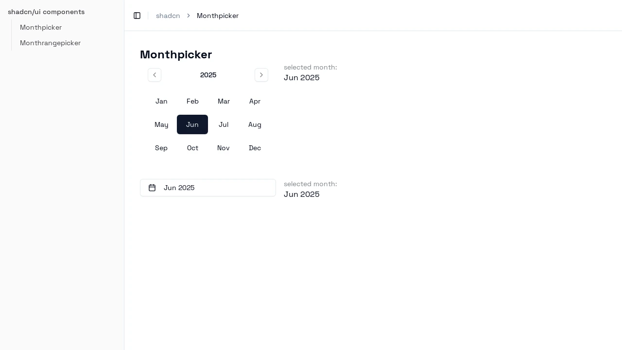 A screenshot of Shadcn UI Monthpicker