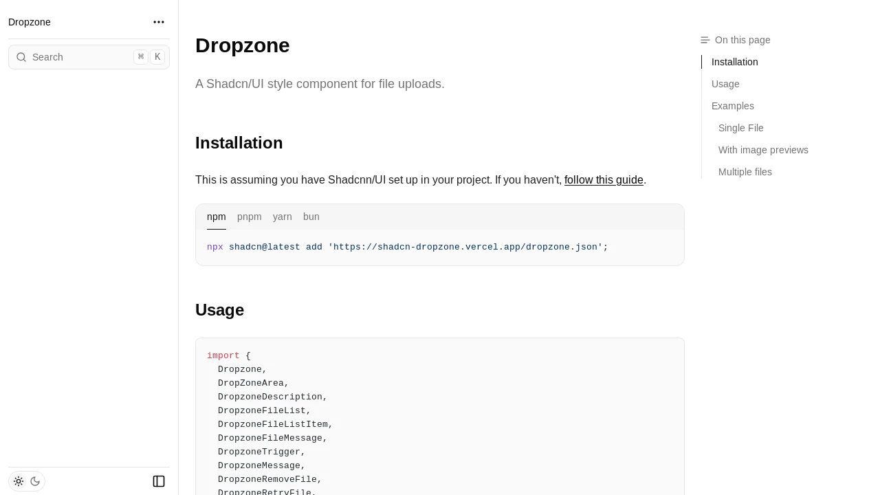 A screenshot of Shadcn Dropzone