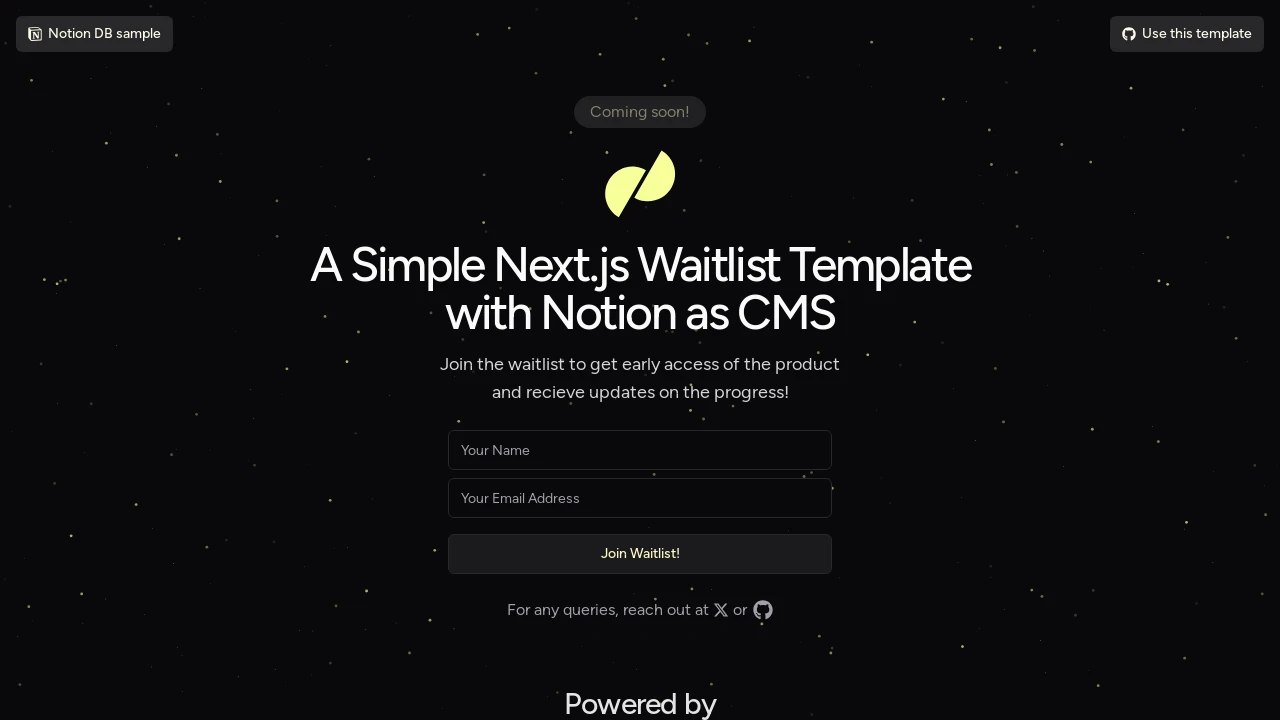 A screenshot of Nextjs Notion Waitlist Template