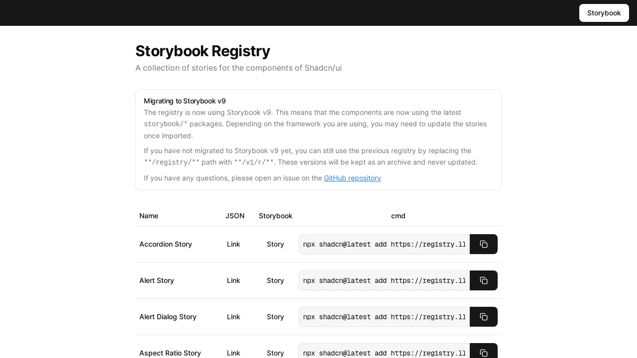 A screenshot of Shadcn Storybook Registry