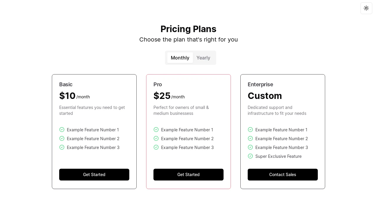 A screenshot of Pricing Page Shadcn