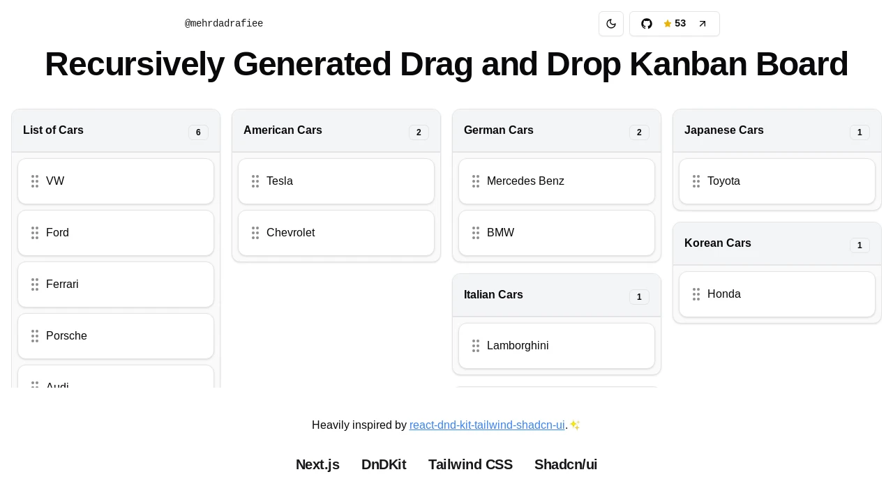 A screenshot of Recursive Dnd Kanban Board