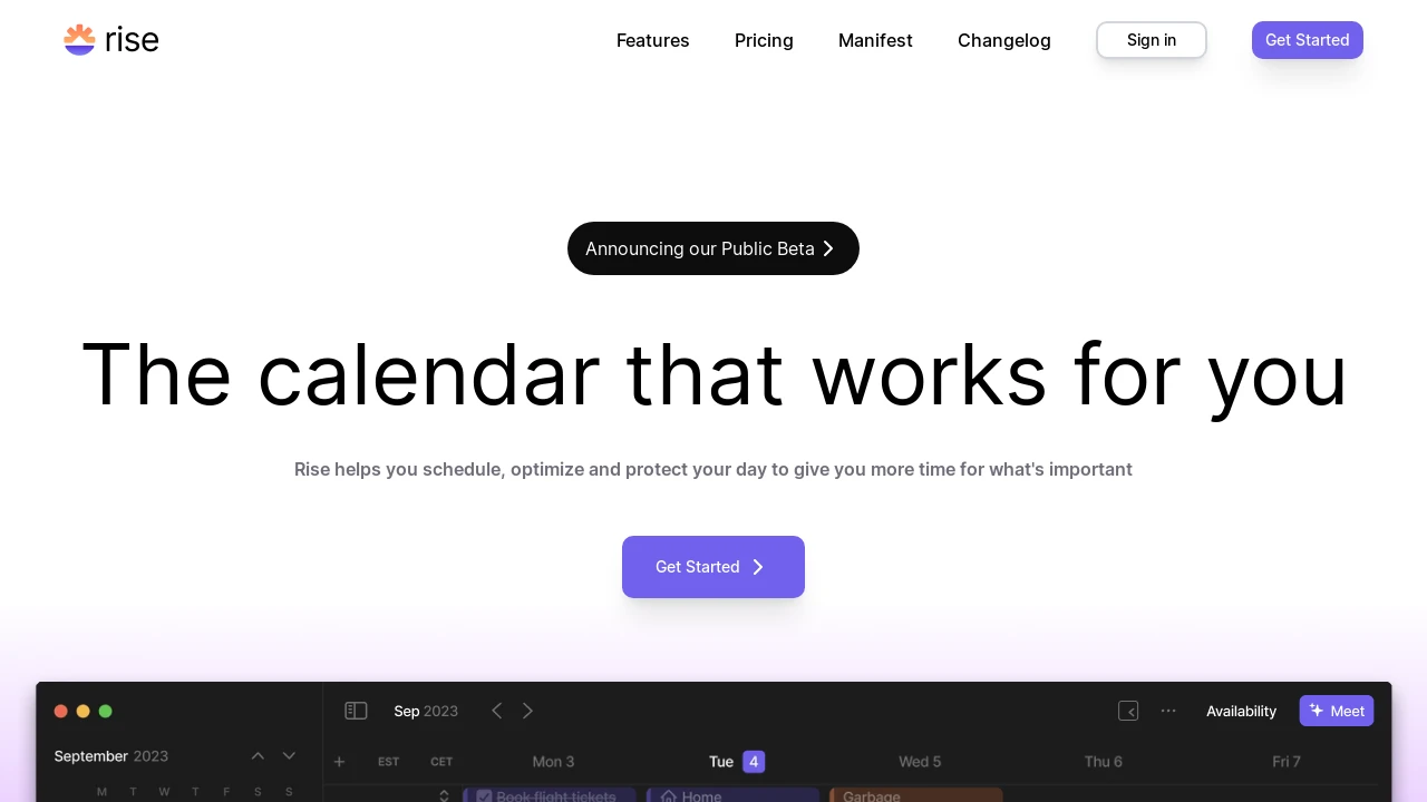 A screenshot of Rise Landing Page