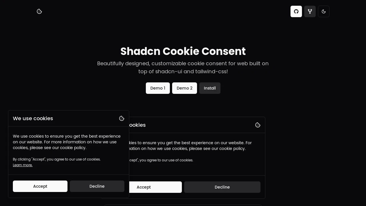 A screenshot of Shadcn Cookie Consent