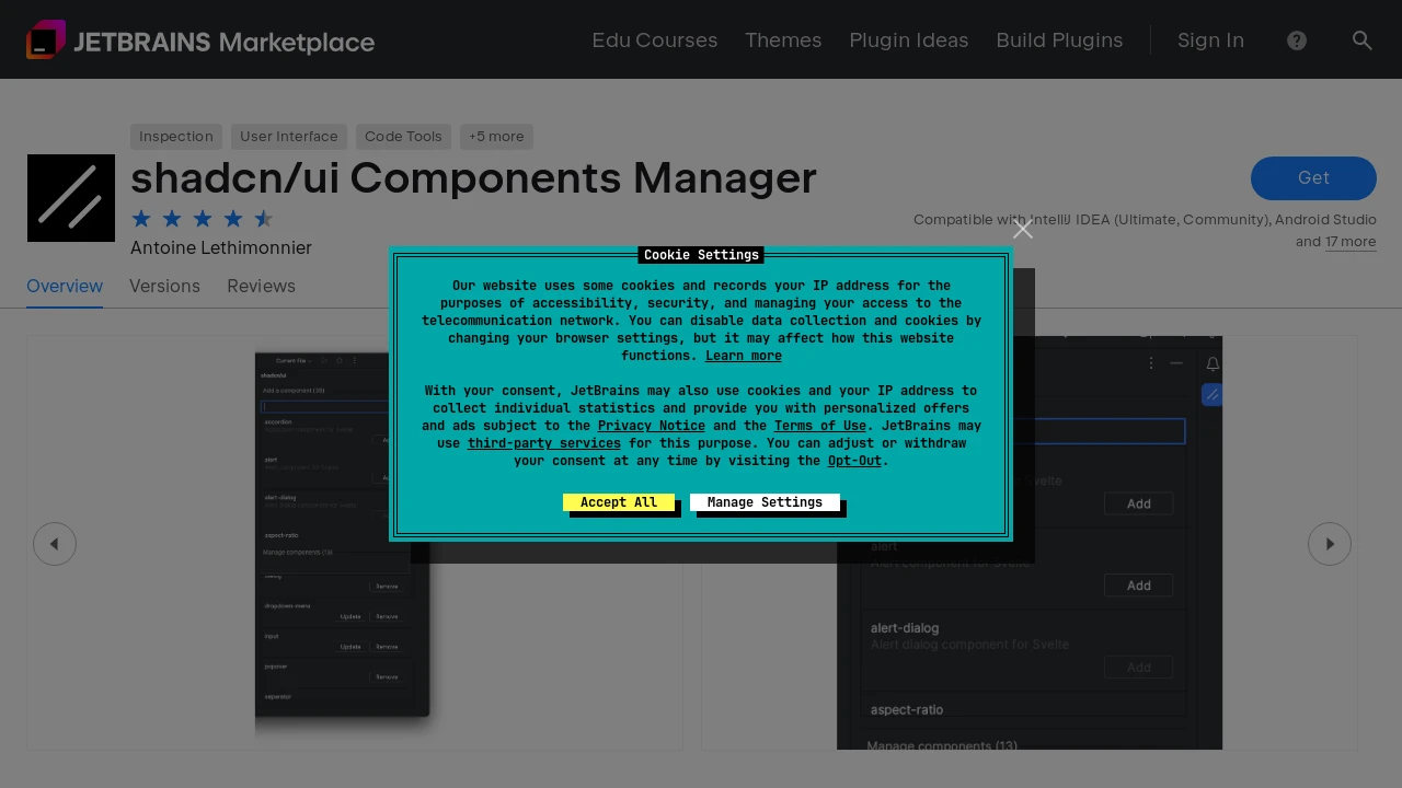 A screenshot of shadcn/ui Components Manager