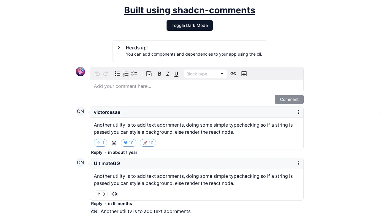 A screenshot of Shadcn Comments