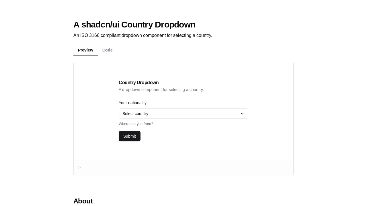A screenshot of Shadcn Country Dropdown