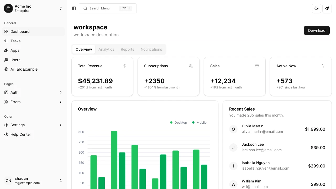 A screenshot of Shadcn Vue Admin