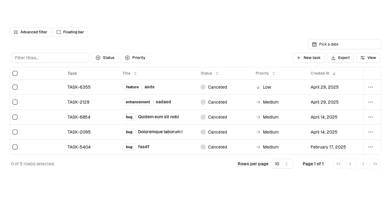 A screenshot of Shadcn Table