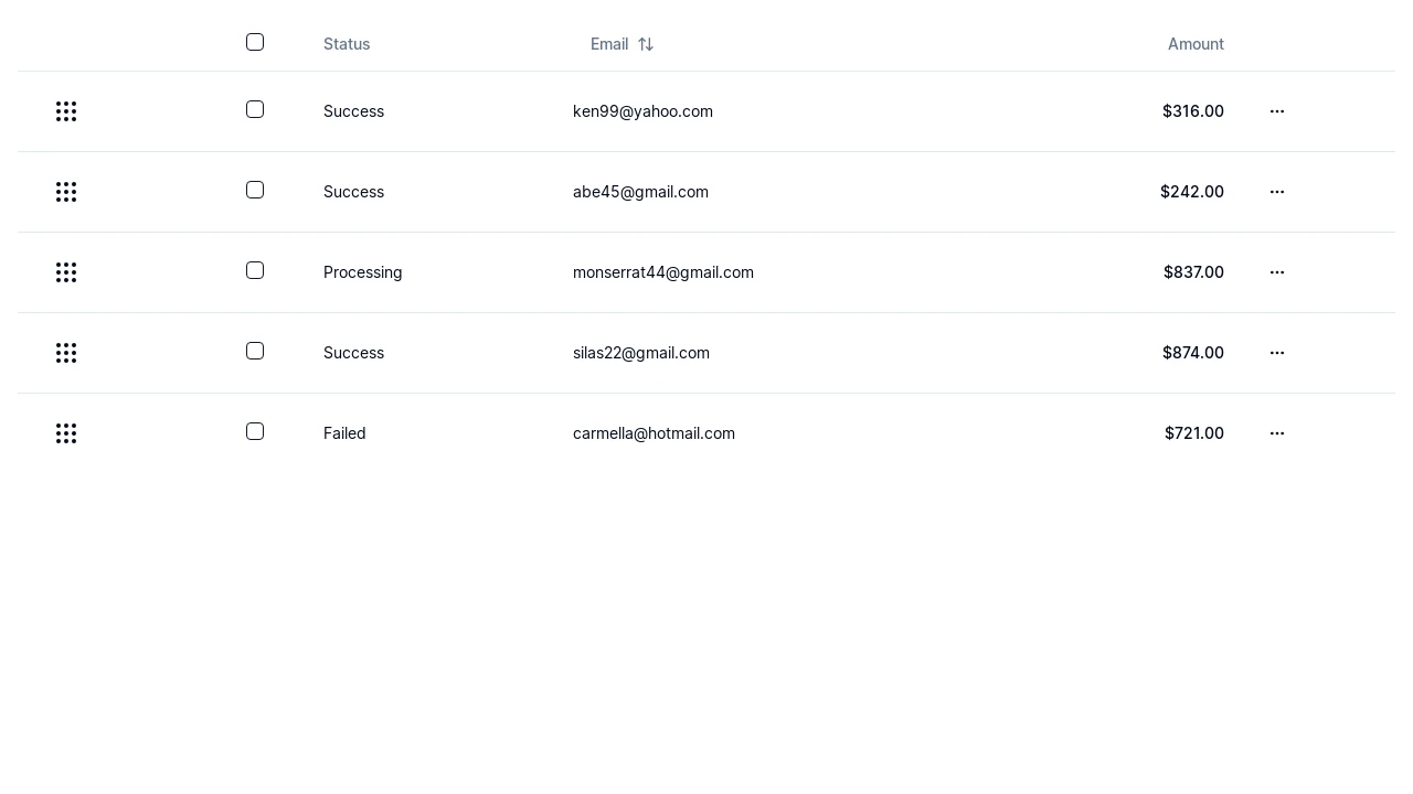 A screenshot of Shadcn Drag Table