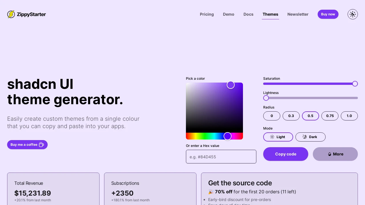 A screenshot of zippy starter's shadcn/ui theme generator
