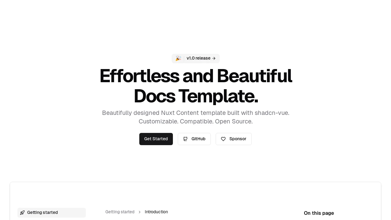 A screenshot of Shadcn Docs Nuxt Starter